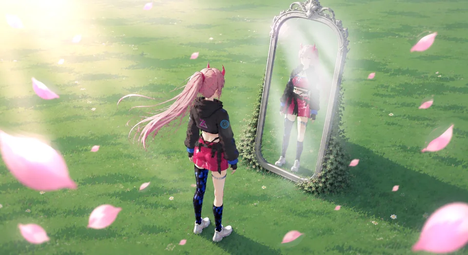 鏡に映るしちべえの姿を見つめる七音
