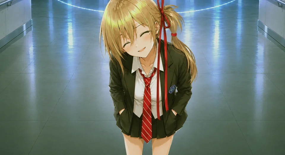 七音の前で笑顔を見せる制服姿のリゼ